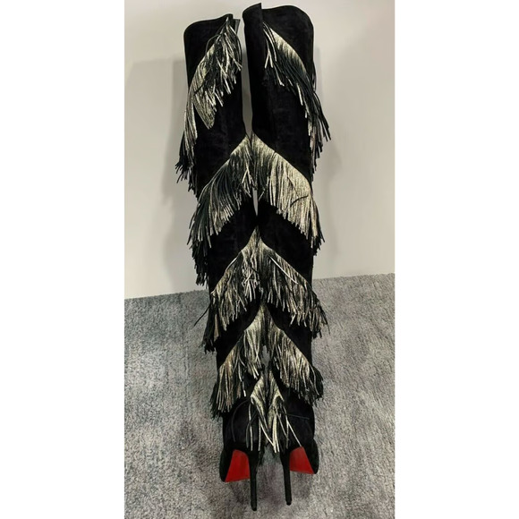 Christian Louboutin Bolcheva 120 Black Gold Fring Thigh High Knee Heel Boot 40.5 - Picture 2 of 12